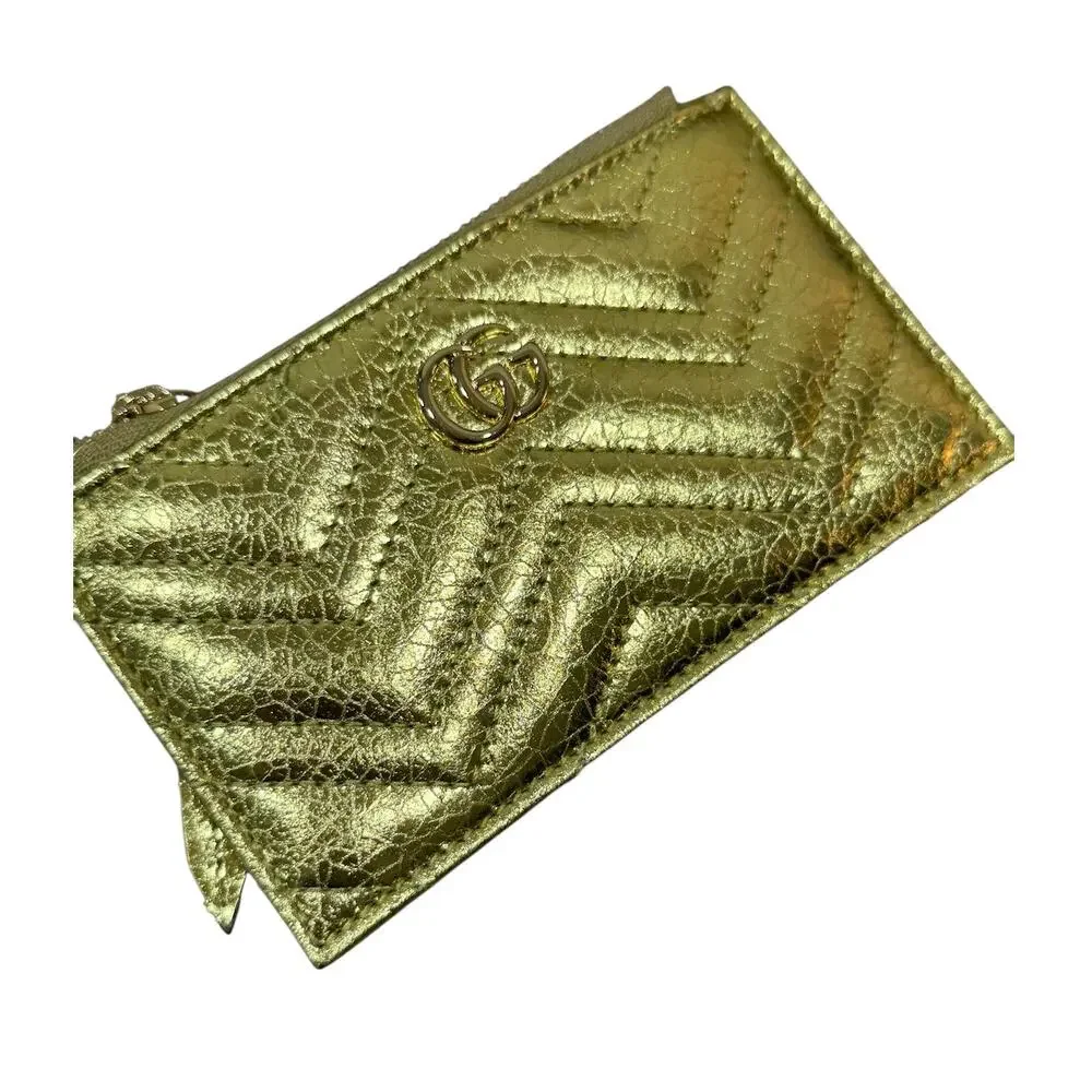 Gucci GG Marmont Key Case Gold Metallic Crinkle Leather Double G NIB